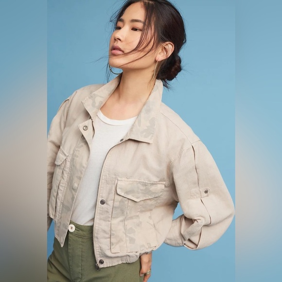 Anthropologie Women’s Size Small S HEI HEI Tan Camo Linen Jacket - Picture 1 of 10